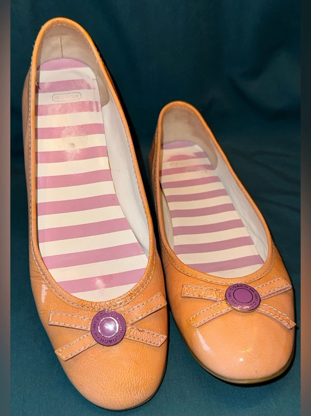 Coach Tan Leather Ballet Flats with Purple Button Detail